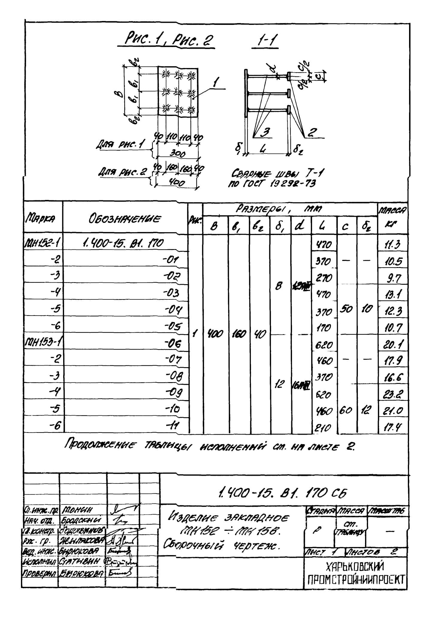 Техническая документация на изделие закладное МН152-МН158 серия 1.400-15 Лист 6