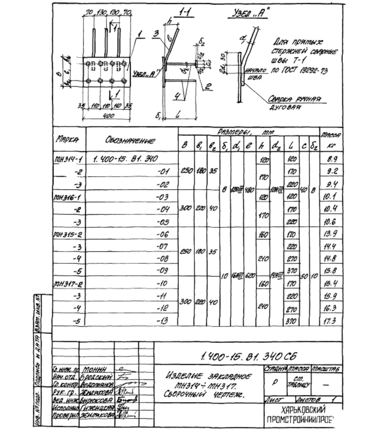 Техническая документация на изделие закладное МН314-МН317 серия 1.400-15 Лист 3