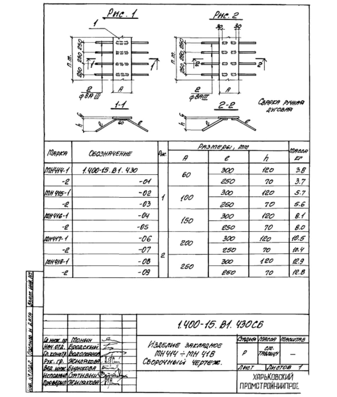 Техническая документация на изделие закладное МН414-МН418 серия 1.400-15 Лист 2