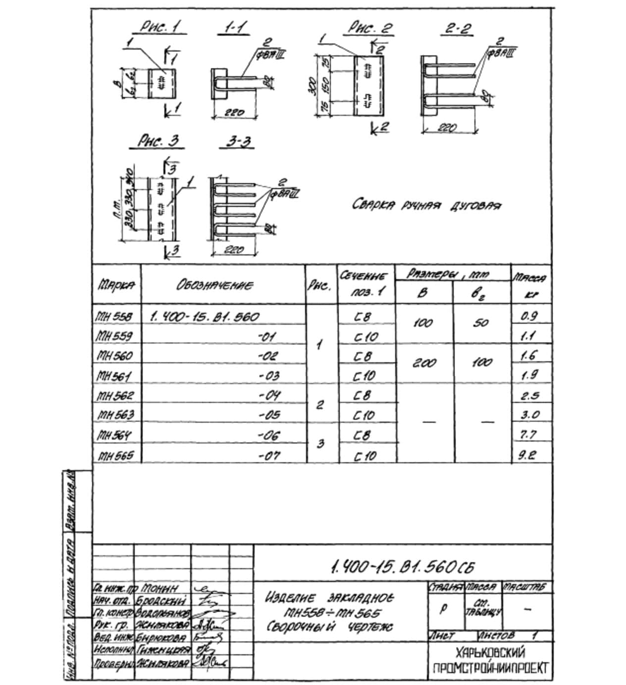 Техническая документация на изделие закладное МН558-МН565 серия 1.400-15 Лист 2
